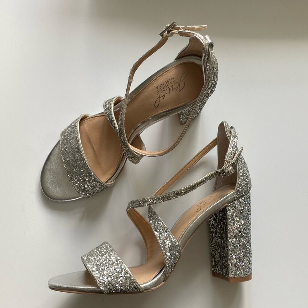 Jewel Badgley Mischka Silver Sparkle Heeled Sandals Size 8